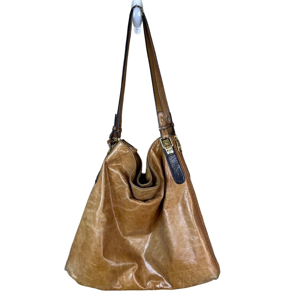 Badgley Mischka Lena Large Tote Bag Purse Two Tone Cognac Black Zipper Side